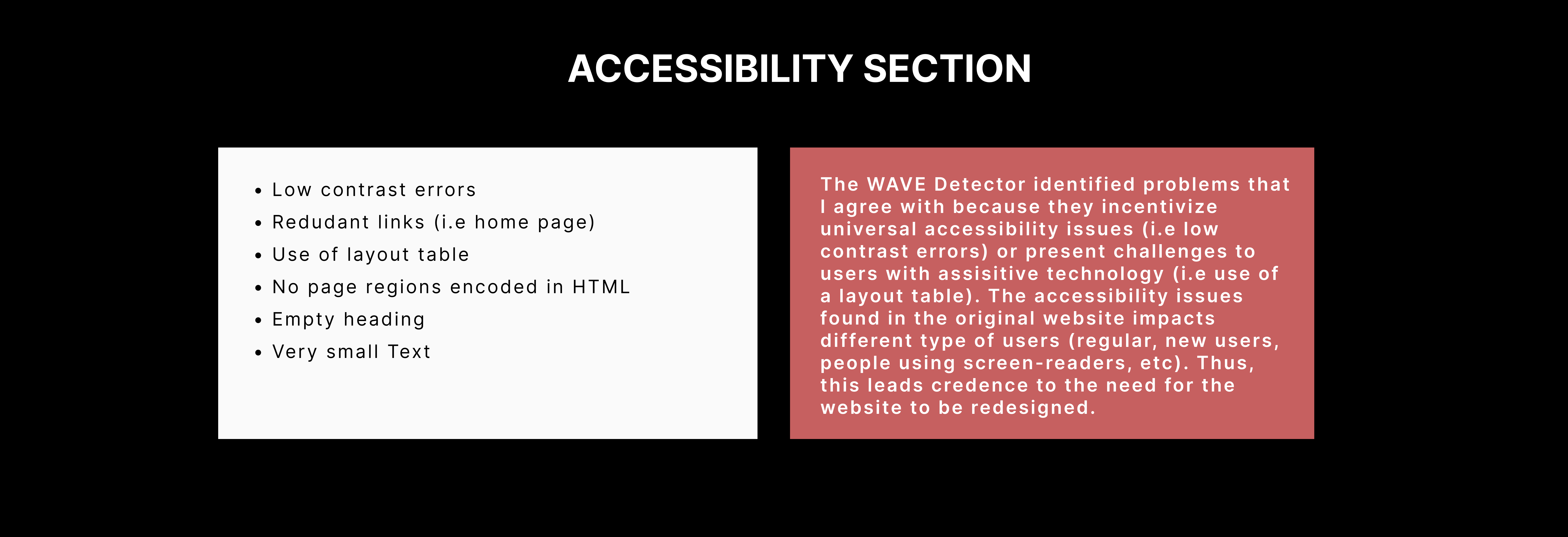a picture that consists of the accessibility issue that Web Accessibility pointed dout for the website.